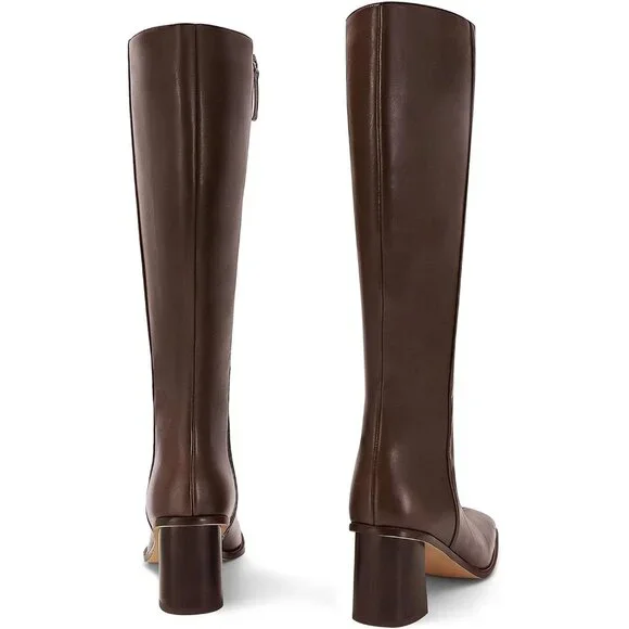 Women's Brown Faux Leather Chunky High Heel Tall Boot Fashion Square Toe - Picture 6 of 6